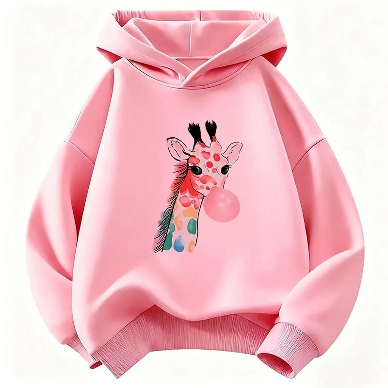 Giraffe Print Rubber-print Children's Hoodie, 90s Style, Suitable for Both Boys and Girls, Casual Hip-hop Clothing.