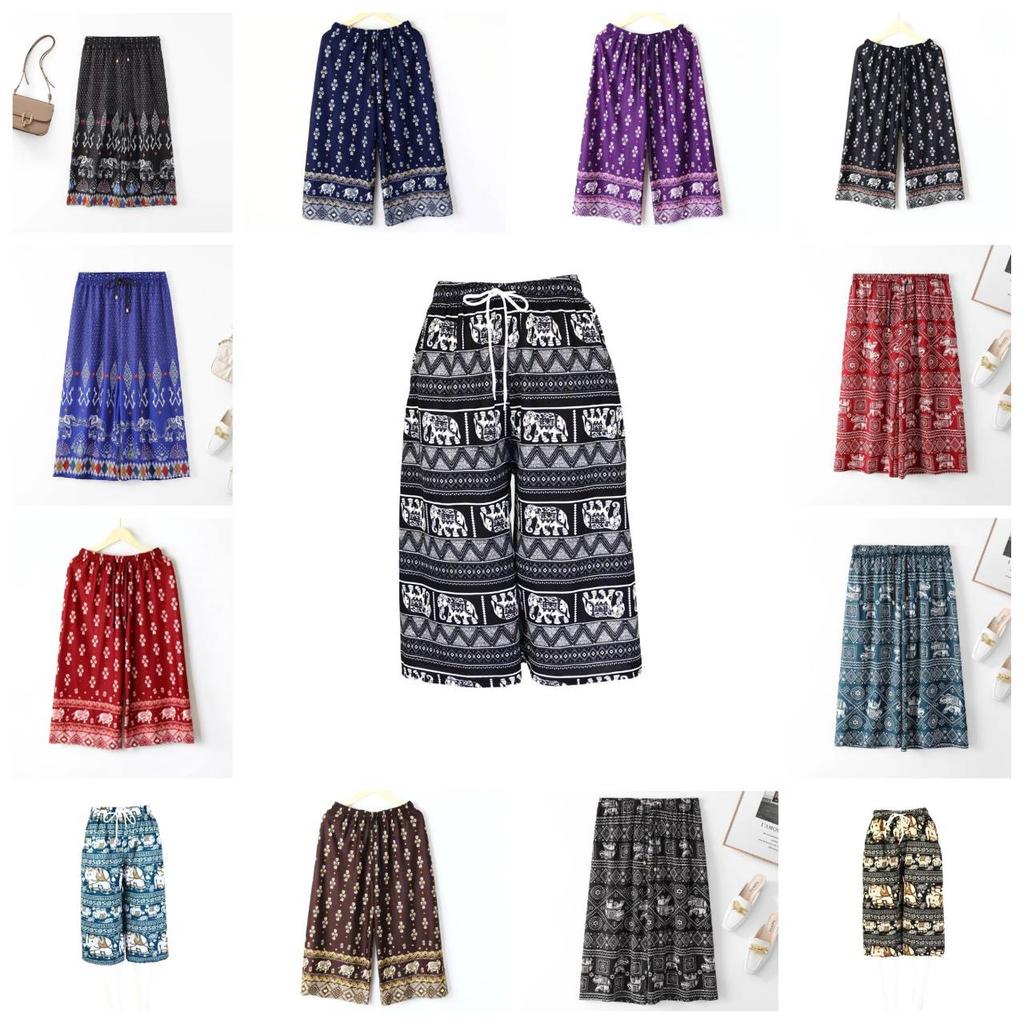 Elephant Capris Crop Pants Adjustable Elastic Waistband Rope Loose Legs Women Men Unisex Print Thailand Casual Streetwear Beach Bohemian Retro Vintage