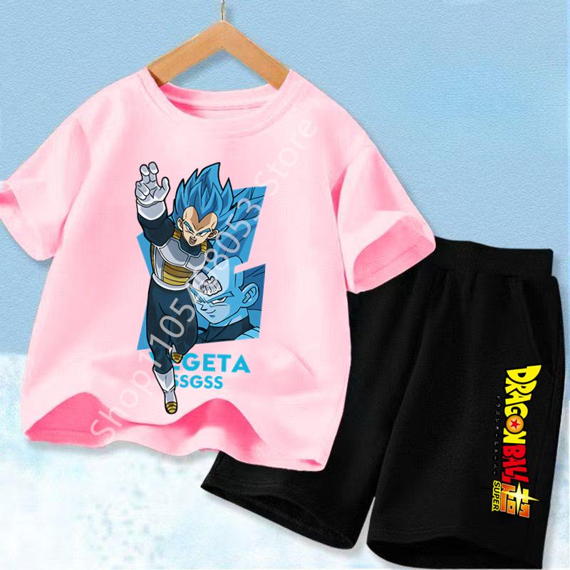 Dragon Ball Son Goku Anime T-shirt Set Kids Short Sleeve Pocket Shorts Ventilate 2-piece Set Boys Girls Cartoon Clothing
