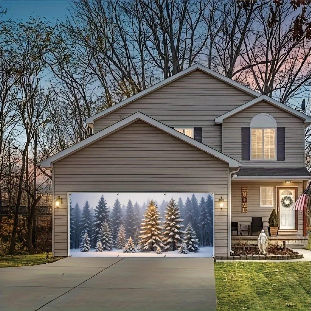 Cheerful Winter Garage Door BannerRobust Outdoor Christmas Decoration Made of Polyester Design with Snow-Covered Tree