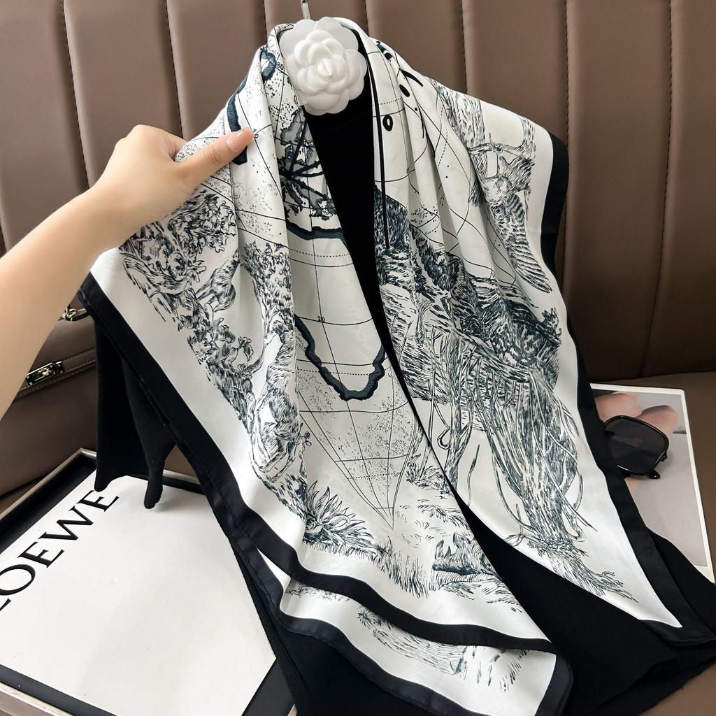 Silk Neckerchief: 90x90 Large Chic Square Scarf for Women - Perfect for Spring, Autumn, Winter Fashion