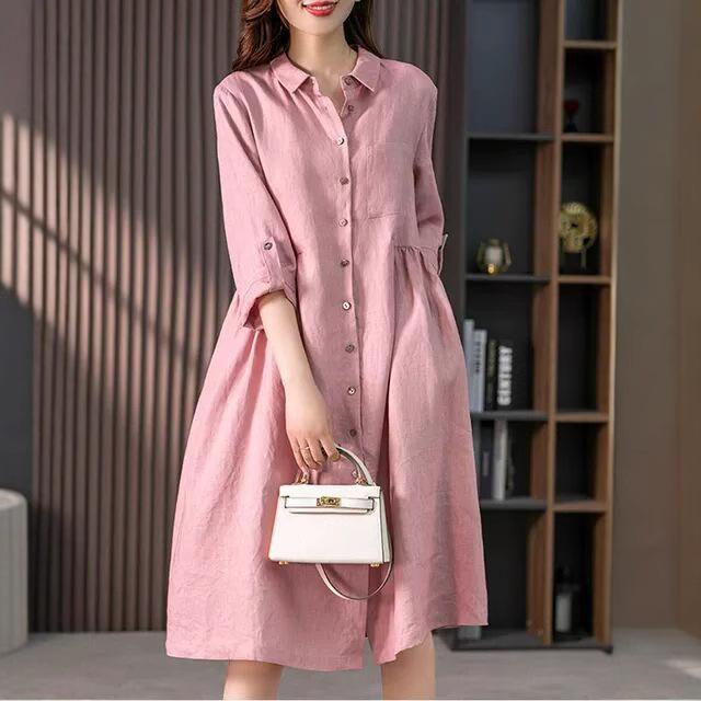 

Розовое платье-рубашка Женское Повседневное Свободного кроя На пуговицах С карманом Платье Миди с длинным рукавом и закатывающимися манжетами L розовый