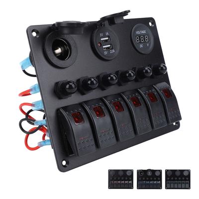 DC 12‑24V 6 Gang Rocker Switch Panel Overload Protection Dual USB Charger with Digital Voltmeter Display for Boat Yachts Car RV