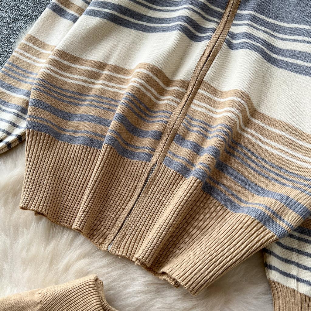 Toamnă Iarnă Pulover tricotat cu dungi Pantaloni Set două piese Jachetă cu fermoar Jachetă și pantaloni cu picioare largi Trening