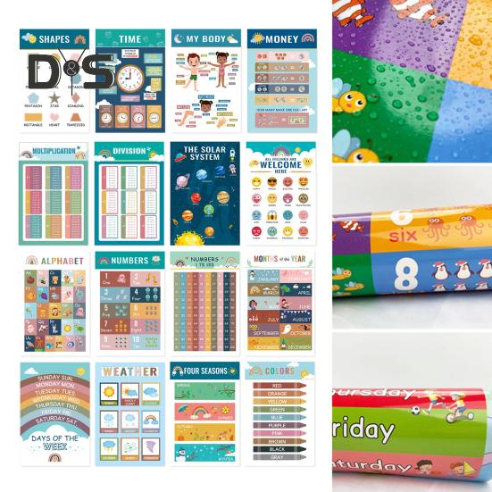 16Pcs/Set Educational Poster Alphabet Number Animal Color Weather Learning Nursery Preschool Kindergarten Early Education Wall Hanging Decoration