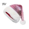 Universal Fit Santa Claus Hat Christmas Sparkly Sequins for Adults, Velvet Plush Glitter Bling Skin Friendly Seasonal with Fluffy Pompom Xmas New Year