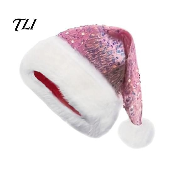 Universal Fit Santa Claus Hat Christmas Sparkly Sequins for Adults, Velvet Plush Glitter Bling Skin Friendly Seasonal with Fluffy Pompom Xmas New Year