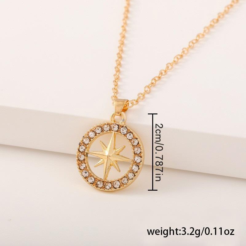 Compass Star Pendant Necklace, Dainty Crystal Inlaid Stainless Steel Chain for Women