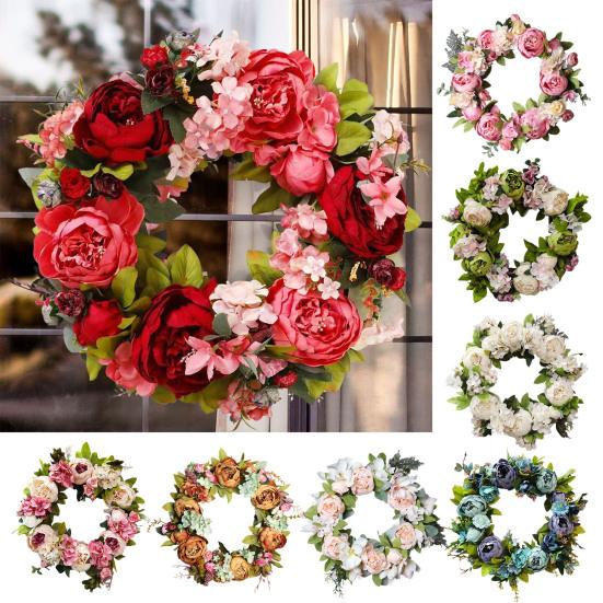 40CM Artificial Peony Wreath Indoor Outdoor Front Door Wall Hanging Fake Flower Garland with Green Leaves Wedding Party Home Decoration