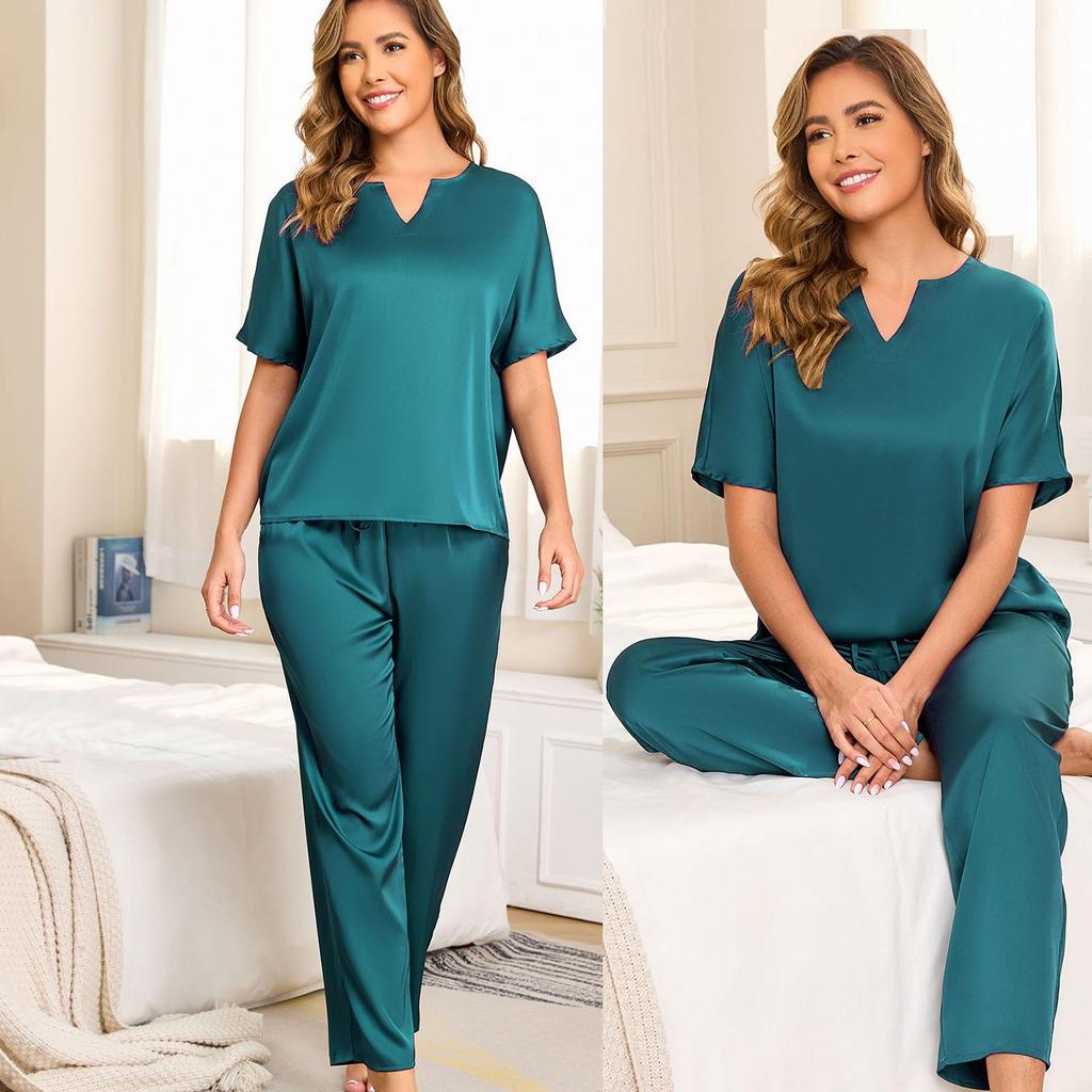 Damska piżama Imitacja jedwabiu 2 częściowe stroje do spania Krótki rękaw V-neck Koszulki Długie spodnie Luksusowy satynowy Wiosna Lato Nocne do spania do wypoczynku