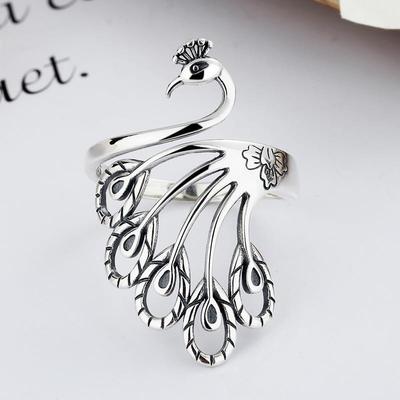 Adjustable Open Ring Men Women Vintage Ethnic Peacock Design Copper Plated Retro Boho Finger Jewelry