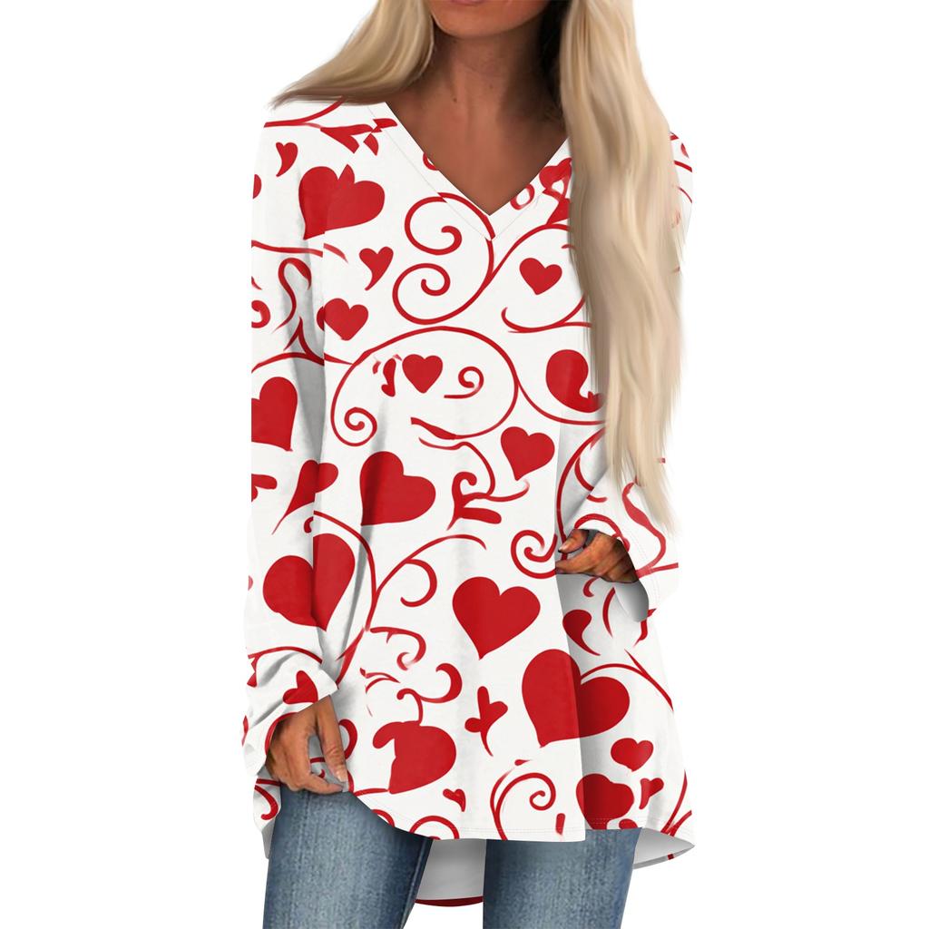 Women's Fashionable Casual Long,Sleeved Valentine's Day Print V,Neck Mid,Length Top