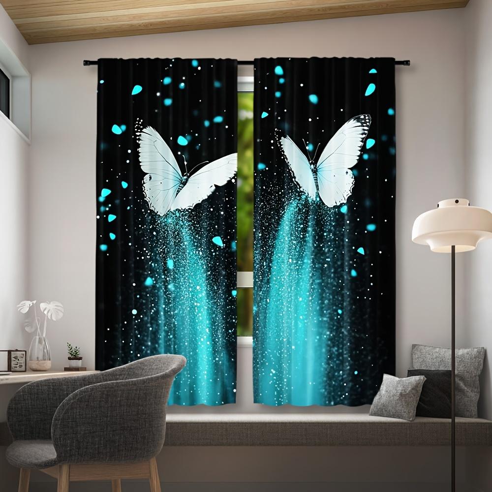 Set Of 2 Digital Printed Retro Blue Luminous Butterfly Living Room Curtain Furniture Bohemian Curtains Made Polyester Sitting Window Treatment
