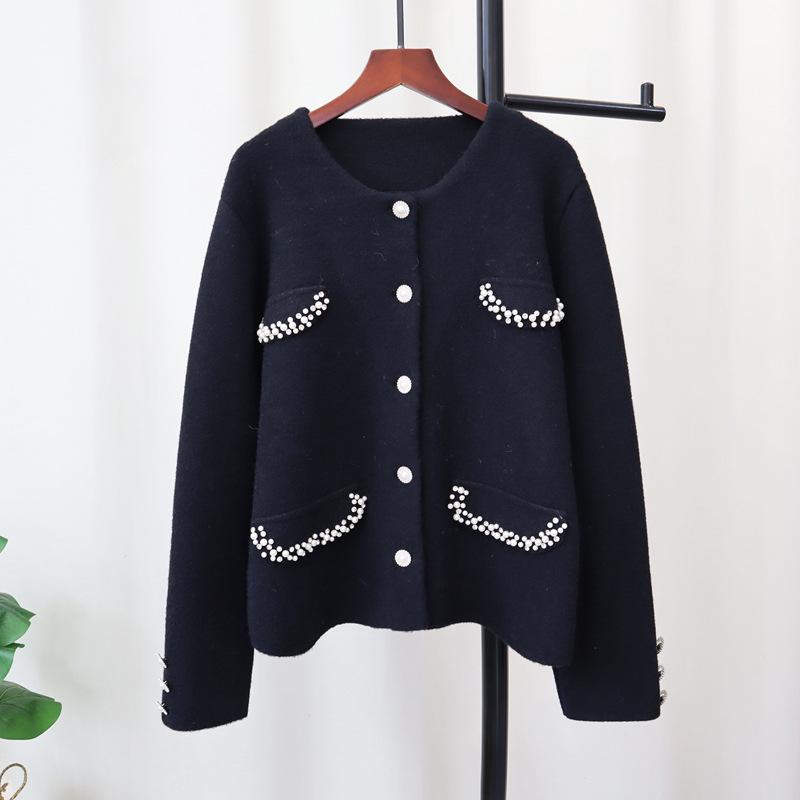 Bead Design Sense Knitted Double-sided Cardigan Women's Autumn and Winter New Temperament Soft Waxy Sweater Jacket