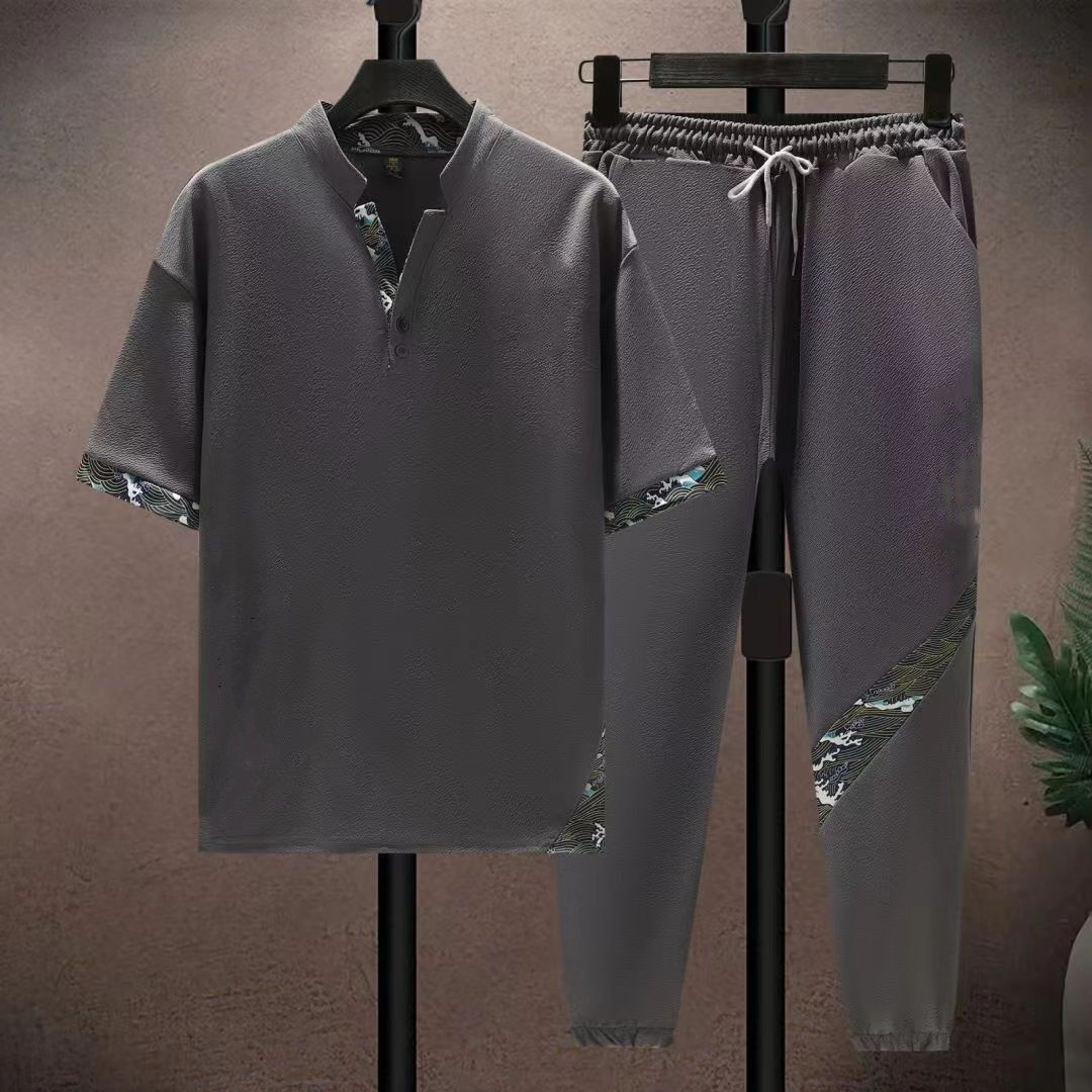 

Летние свободные брюки с короткими рукавами в китайском стиле в стиле ретро, новый мужской спортивный и досуговый костюм из двух частей для мужчин в китайском стиле 5XL серый