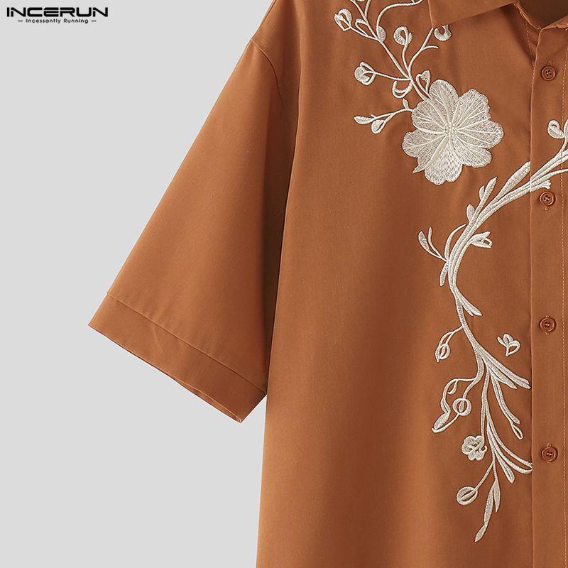 INCERUN Summer Men Short Sleeve Embroidery Loose Casual Vintage Shirts Tops