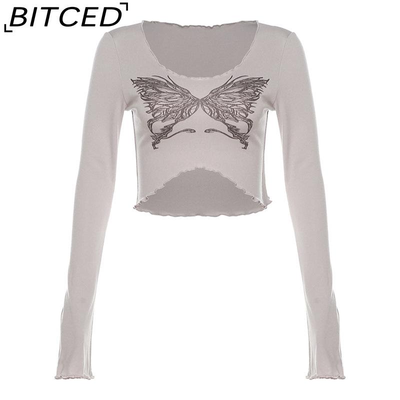 

BITCED Summer Women s Solid-Color Slim-Fit Crop Top Streetwear Fashion Crew Neck Long-Sleeve T-Shirt L хаки