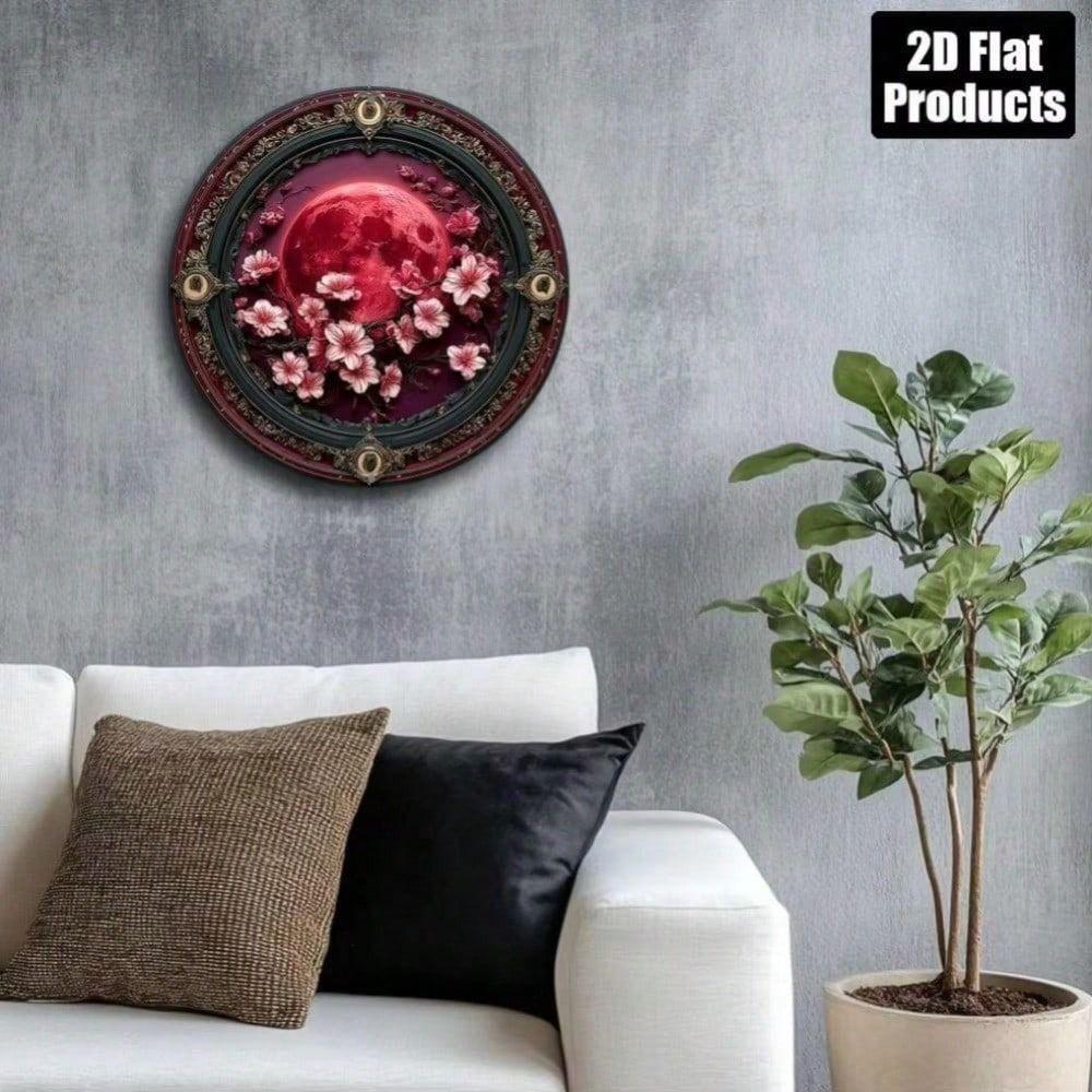 Vintage Metal Wall Art Red Flowers Moon Poster Home Decor