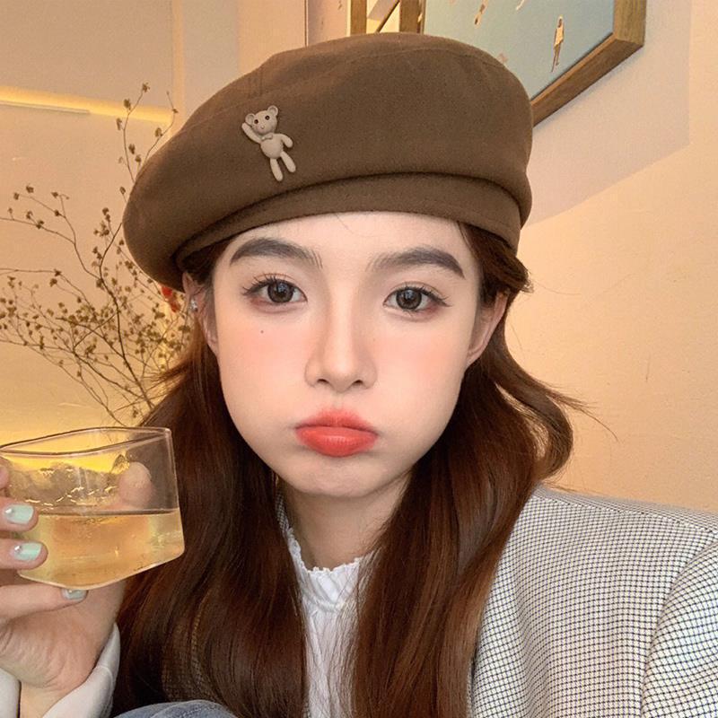 Women's Retro Japanese Cartoon Bear Wool Beret Hat
