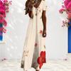 Women Plus Size V Neck Short Sleeve Printed Navy Blue Straight Maxi Dress