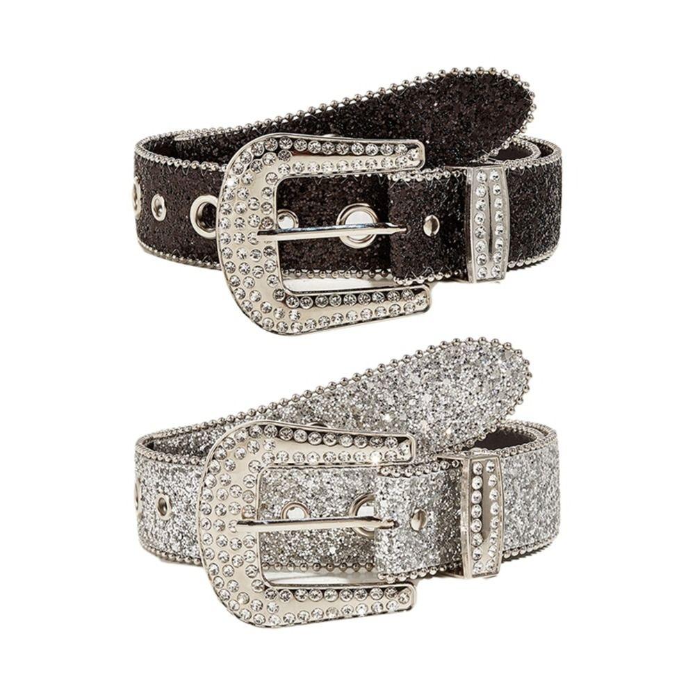 Y2K Rhinestone Waistband Solid Color Women PU Belt Vintage Shiny Wide Belt  Festive Gift