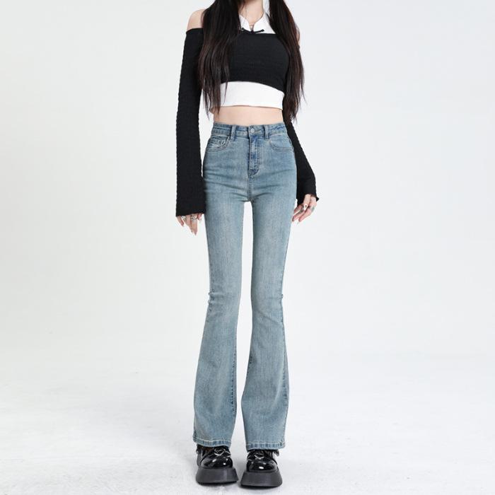 Jeans Women's Spring High Waist Slim and Flared Pants Women's High Elastic Bell-bottom Pants Women's Horseshoe Pants Women's Small Pants
