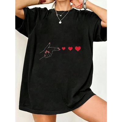 Übergroßes T-Shirt Schwarz Hand Zeigend Herz-Druck Lässig Alltagskleidung