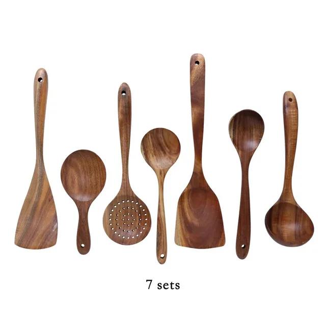 4/7Pcs Teak Natural Wood Tableware Spoon Ladle Turner Long Rice Colander Soup Skimmer Cooking Spoons Scoop Kitchen Tool Set
