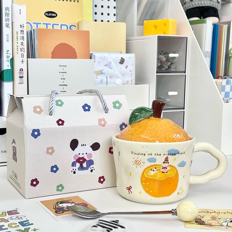 New Year's Gift Cute Orange Water Cup Boys and Girls Souvenir Gift Box High Value Ceramic Mug with Lid Spoon