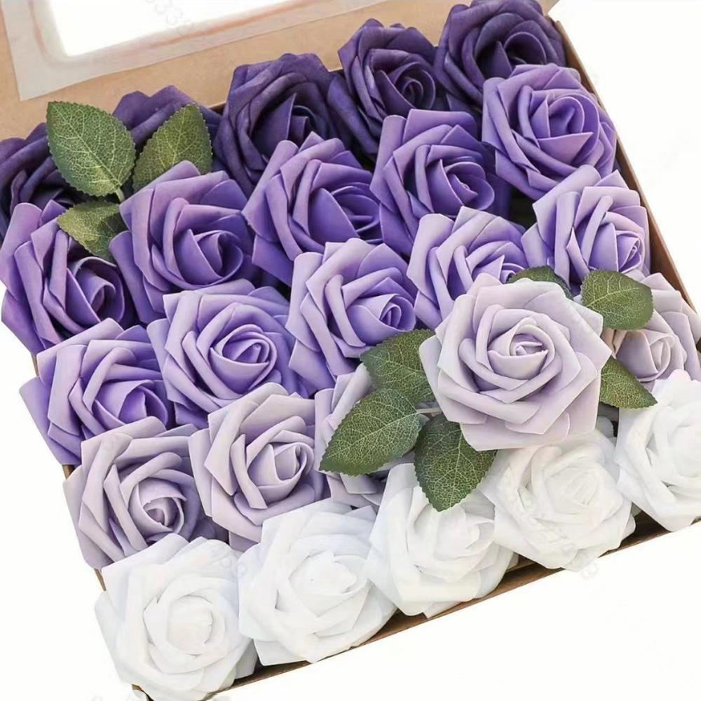 25PCS Gradiet Color Artificial Rose Flowers Flexible Wire Stems Realistic Flowers  Party Decoration
