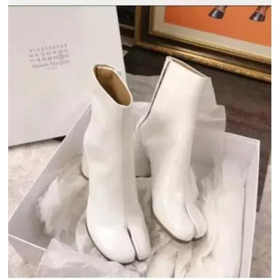 Tabi Split-toe Women Boots Cream-colored Leather Buckle Chunky Block Heels Booties Botas Feminina Shoes Woman