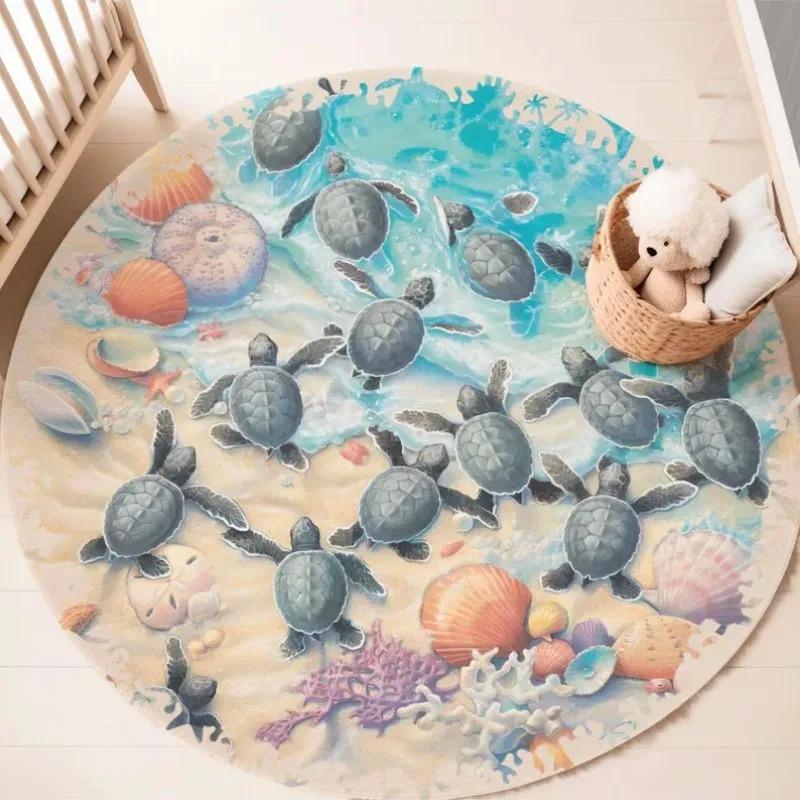 Vibrant Sea Turtle Swarm Rug Circle Carpet with Playful Turtles & Coral Reef Ocean Life Mat for Vibrant Home & Kids Room Decor