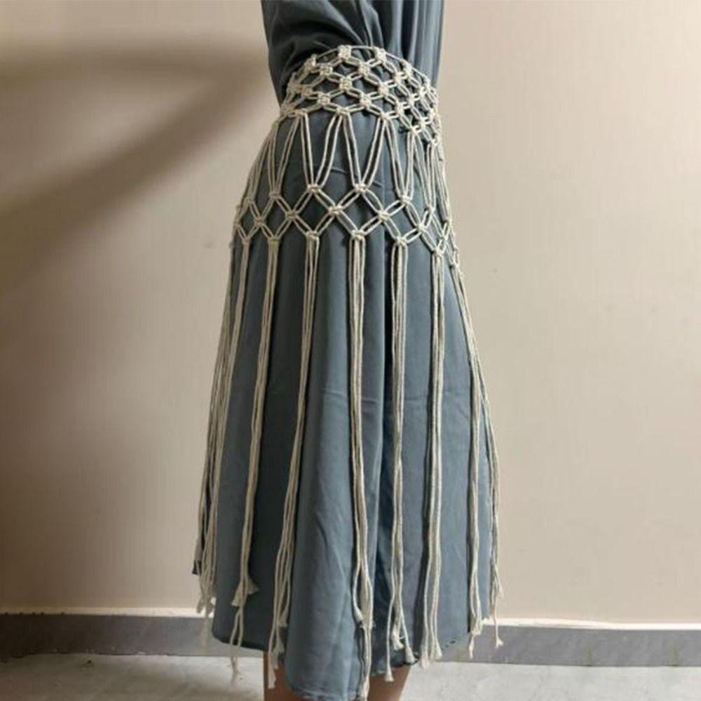 Bohemian Netted Fringe Waistband Decorative Tassel Ethnic Design Waist Wrap Handwoven Bikini Cover Up Women's Waist Accessory