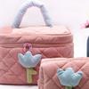 Cosmetic Bag Corduroy Tulip Large Capacity Portable Lovely Toiletry Storage Bag for Girls Pink Large