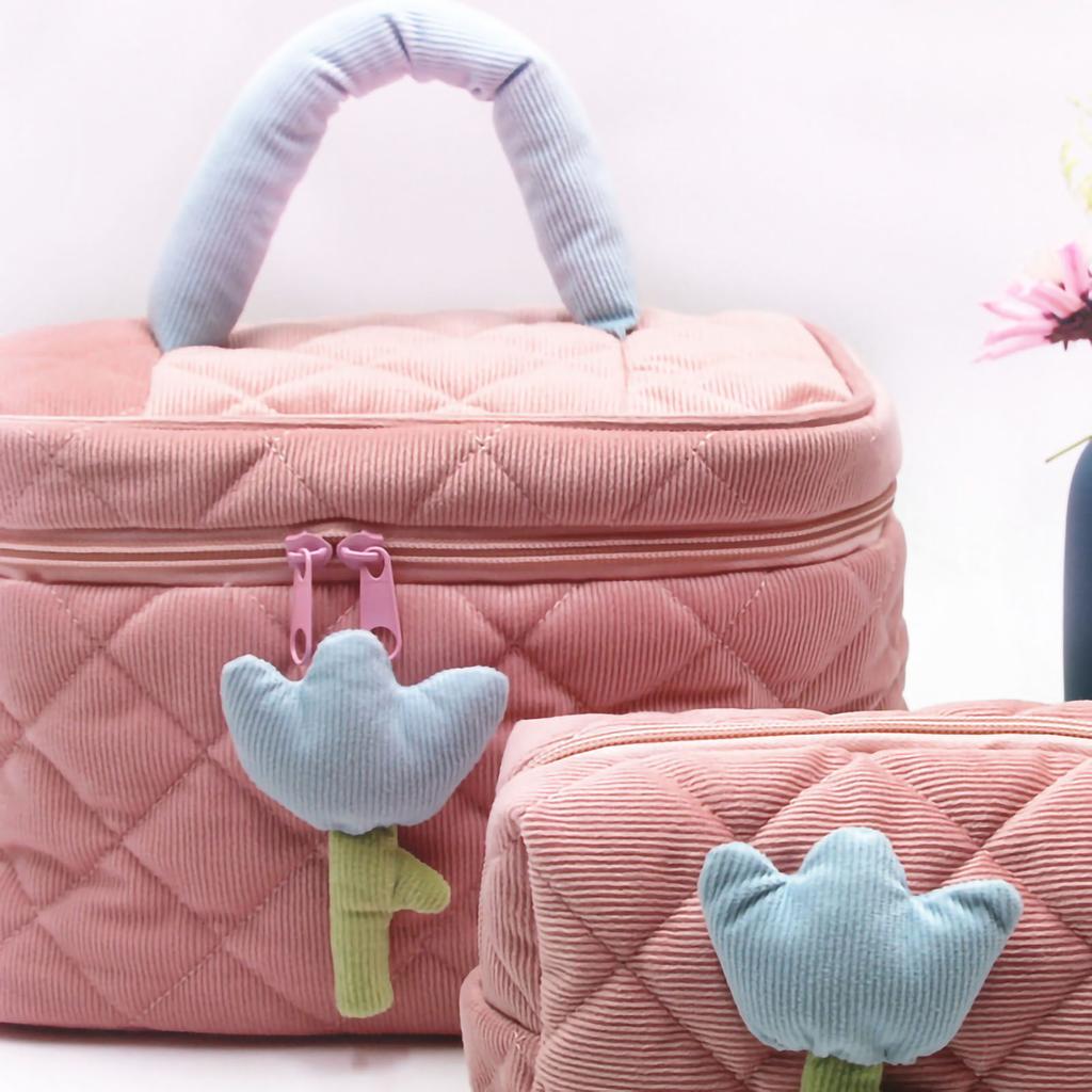 Cosmetic Bag Corduroy Tulip Large Capacity Portable Lovely Toiletry Storage Bag for Girls Pink Large