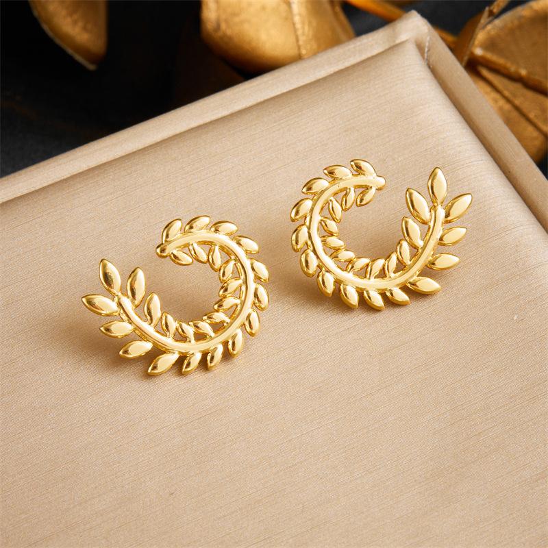 Gold Plated Laurel Leaf Stud Earrings for Women Stainless Steel C Shape золотой