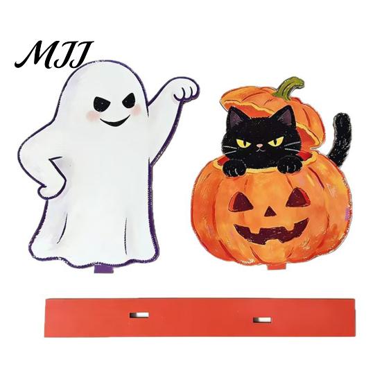 Halloween Wooden Table Decorations Ghost And Pumpkin Black Cat Ornaments, Retro Solid Wood Seasonal Accents Cartoon Tabletop Centerpiece for
