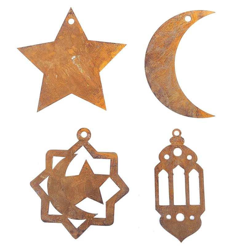 

Set of 4 Hanging Rusted Star Moon Pendant Outline Perfect for Rusty Porch and Garden Sculpture Decoration 1