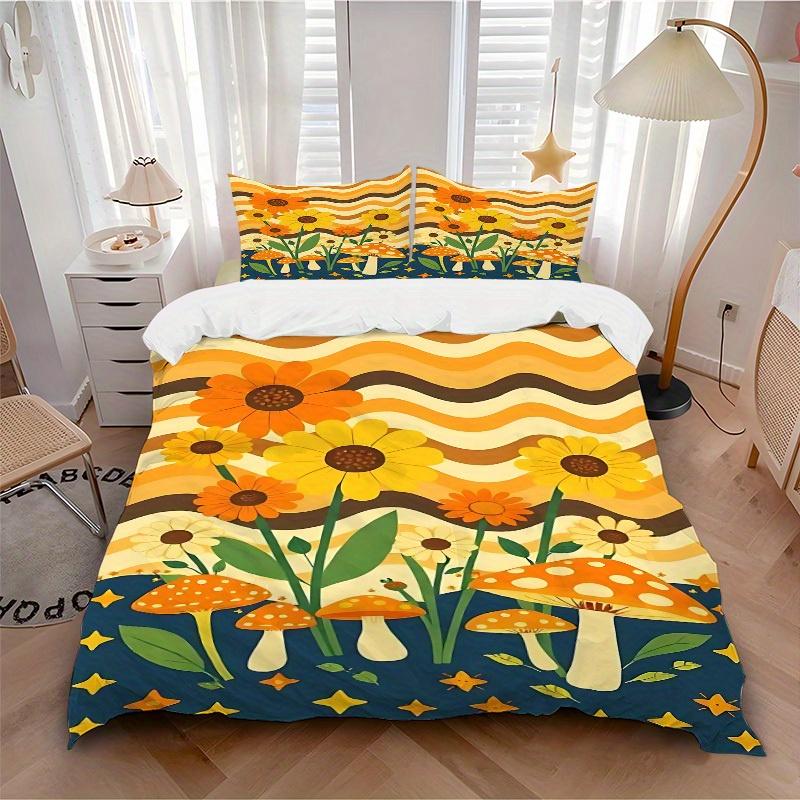 

3pcs Mushroom Sunflower Bedding Cover Set, Fashion Classic Popular Print Bedding Set, Soft Comfortable, All - Season Use, For Bedroom, Guest Room161 135x200cm