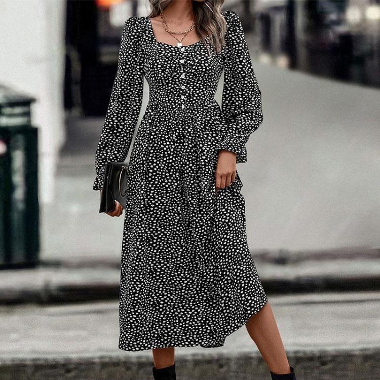Women Summer Cotton A-line Dress Casual Butterfly Sleeve Full Length Turn-down Collar Mid-Calf Print