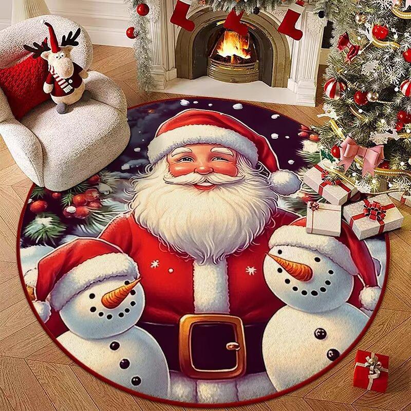 Christmas Joyful Santa Claus Snowman Carpet Mat Round Red Gift Boxes Rug Festive Non-slip Home Decoration for Living Room Carpet