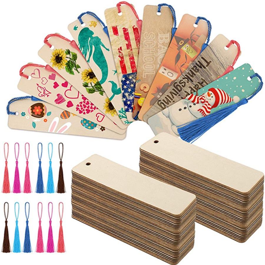 

36Pcs Wood Bookmark Bulk Blank Originality Bookmarks Wooden Sign Unfinished Label Ornaments With Holes And Ropes DIY Crafts