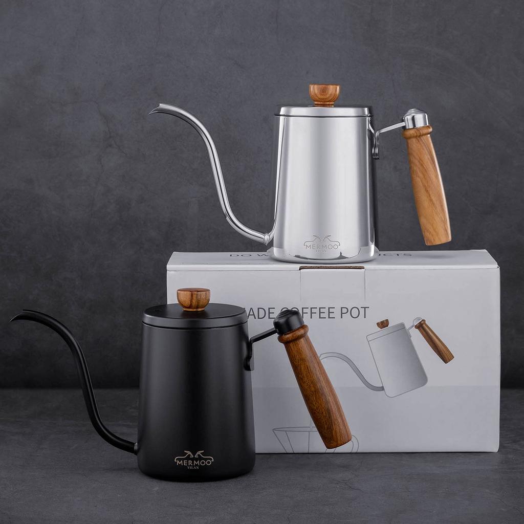 MERMOO YILAN Kaffeekanne, Drip Pot, Kessel, Schmalhals, 600ml, Holzgriff, Camping, Kaffee-Drip-Ausrüstung, Kaffeekanne, Kaffeemaschine, Topf, Kaffee