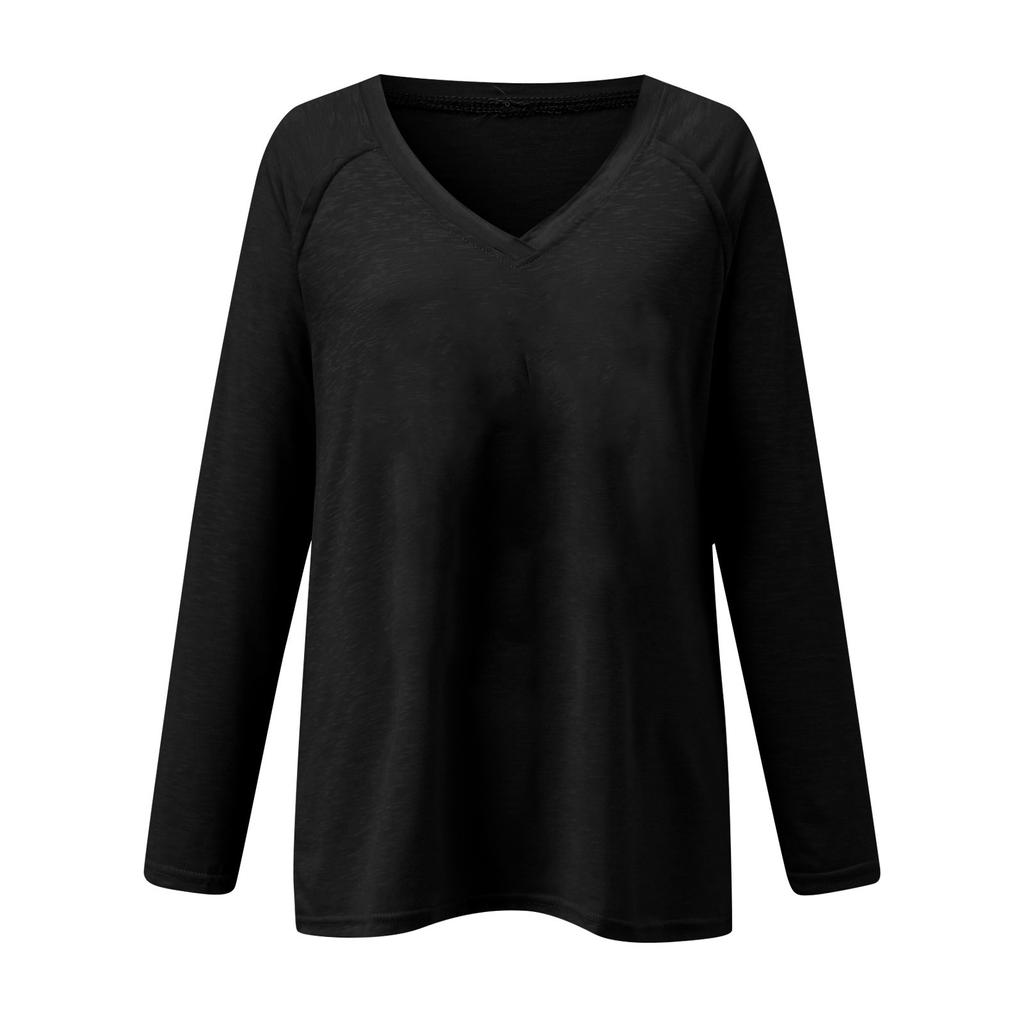 Women's Plain V Neck Tops T-Shirt Plus Size Long Sleeve Winter Loose Casual Tee Blouse Shirts