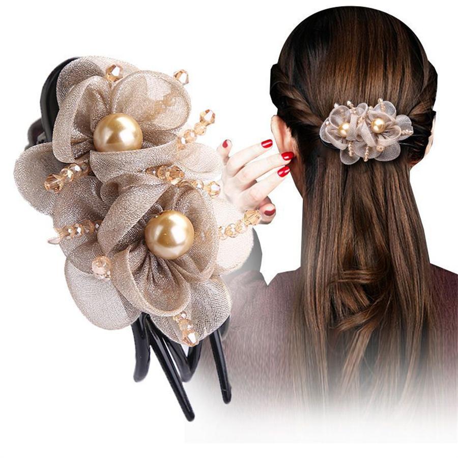 New fashionable Korean silk floral duckbill clip for women retro temperament pearl back head hair clip hair accessories gift