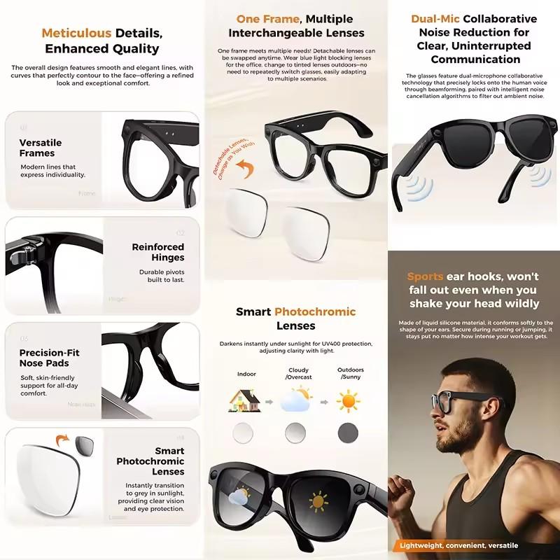 New AI Smart Glasses 800W HD Pixel Camera Video Recording Outdoor Sport Sunglasses Translation Voice Call Bluetooth Glasses Music Playback 32GB Memory