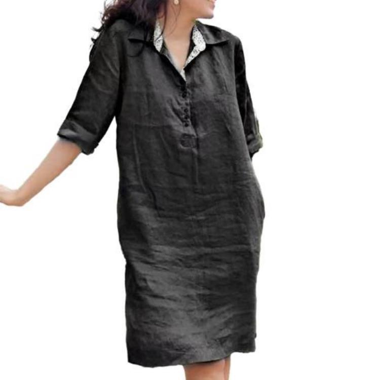 Summer Casual Soft A-line Midi Dress Women Lapel Knee Length Loose Three Quarter Sleeves Solid Color Spring Summer Dress