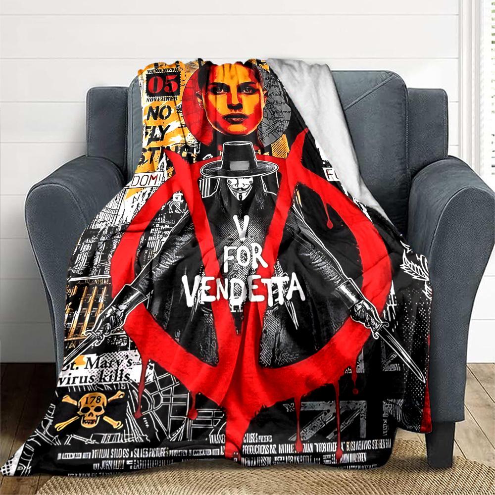1pc V for Vendetta Flannel Throw Blanket - HD Printed Lightweight Soft Warm All-Season Blanket for Sofa, Bed, Travel, Camping 096