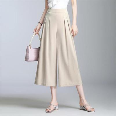 Women Summer Loose Satin Wide Leg Trousers Elastic Band High Waist Solid Fashion Female Casual Thin Oversize Calf-length Pants