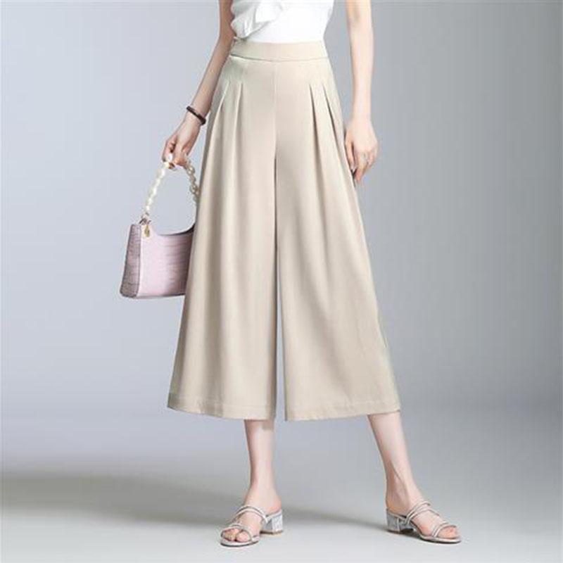 Women Summer Loose Satin Wide Leg Trousers Elastic Band High Waist Solid Fashion Female Casual Thin Oversize Calf-length Pants